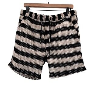 Men's Crochet Shorts Striped Black White Massive Luxury Boho Resort Knit Size M